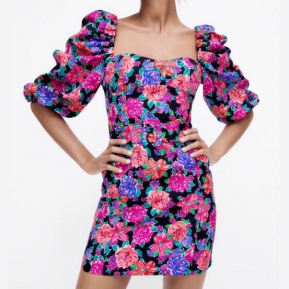 ZARA Floral Puff Sleeve Mini Dress Black Pink Belted Square Neck Size M